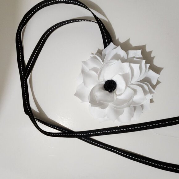 Hand Crafted White Black Floral Choker Necklace Black White Long Ties - Picture 2 of 7